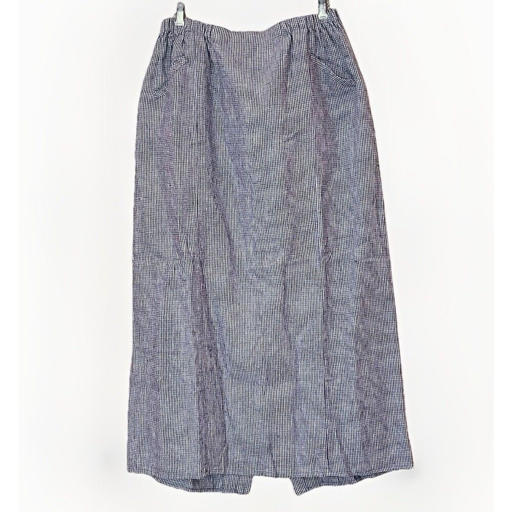 Flax Skirt L Linen Dark Blue Check Elastic Waist Pockets Midi Lagenlook Capsule